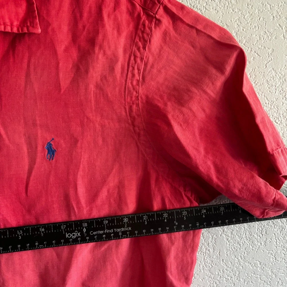 Polo Ralph Lauren Shirt Mens XL Pink Linen Silk Herringbone Short Sleeve Button